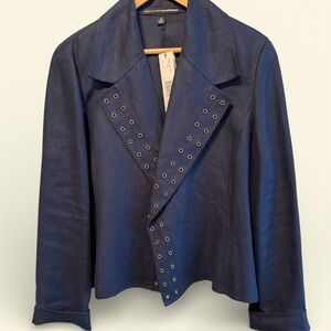 NWT Elegant Navy Linen Blazer with Eyelet Accents